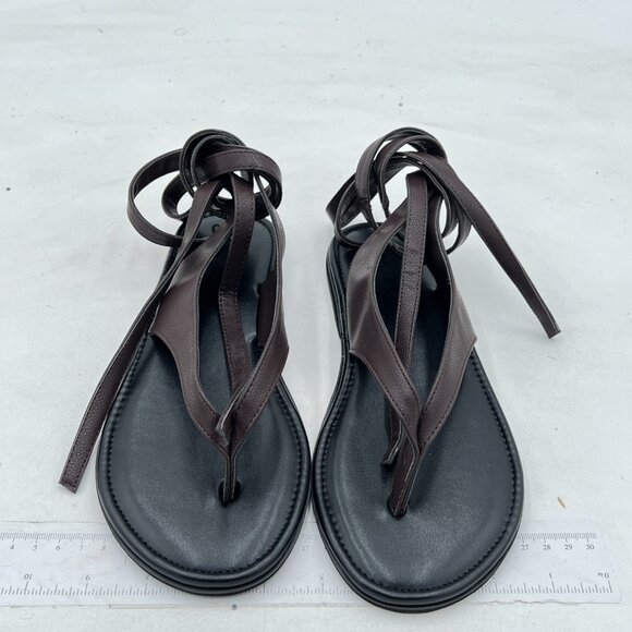 FOWT Dark Brown Split Round Toe Sandals Lace up Strappy Summer Soft Flip Flop - Picture 3 of 8